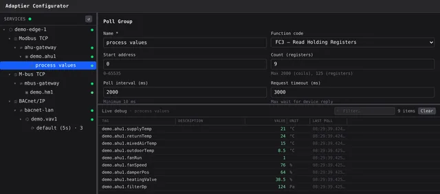 Configurator with a device tree and a live table of polled values