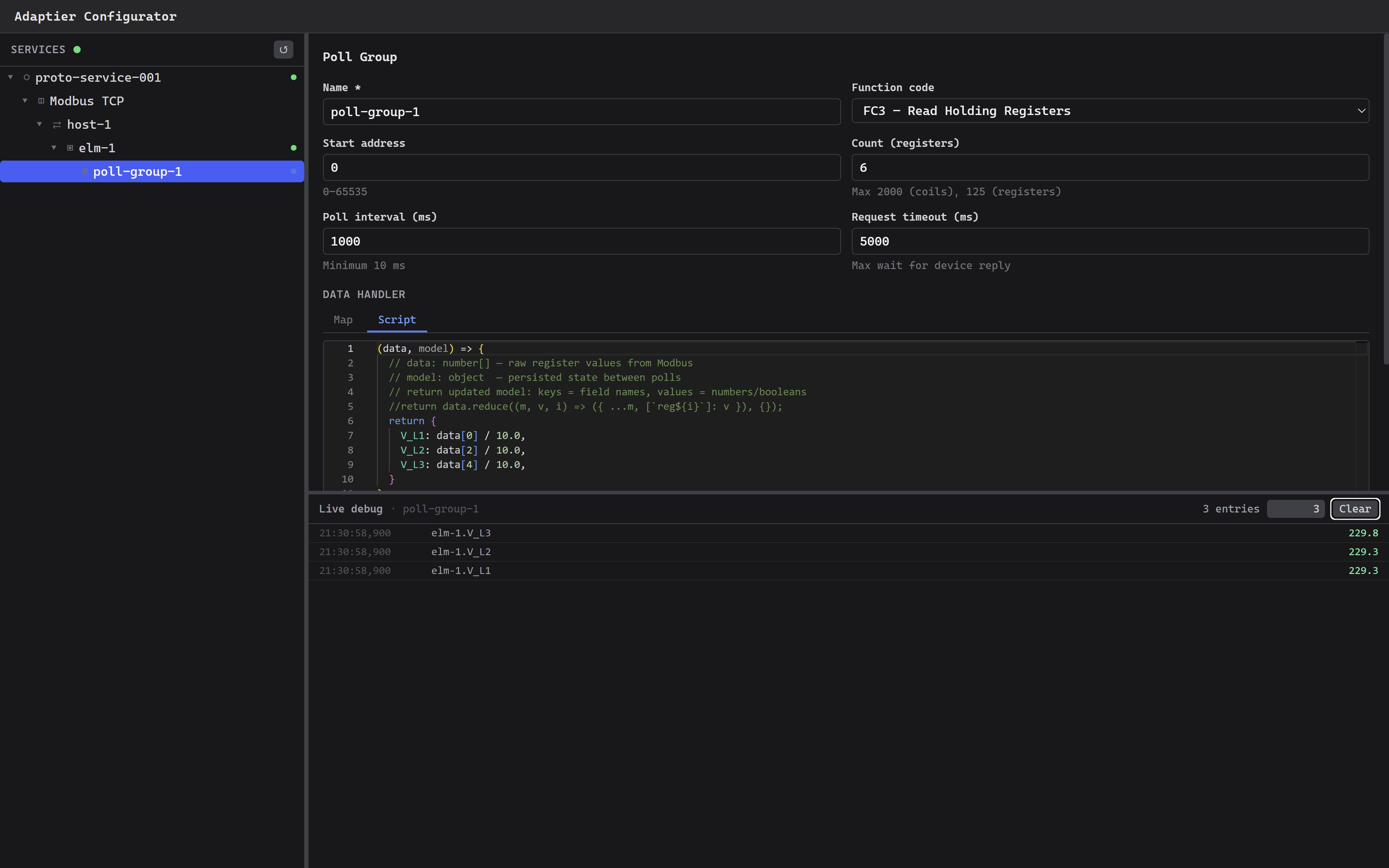 AdapTier Configurator — poll group config with live data stream