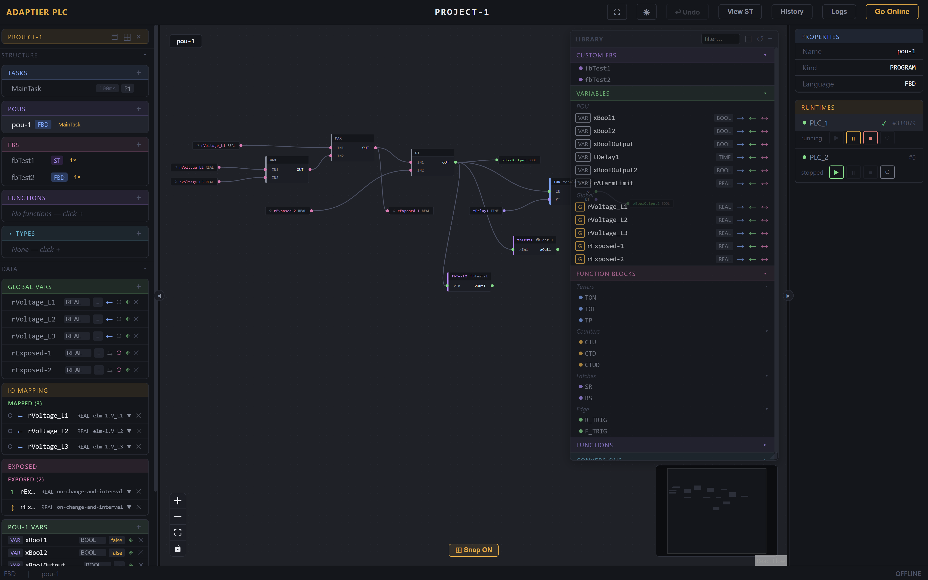 AdapTier PLC IDE — Function Block Diagram editor with live debug